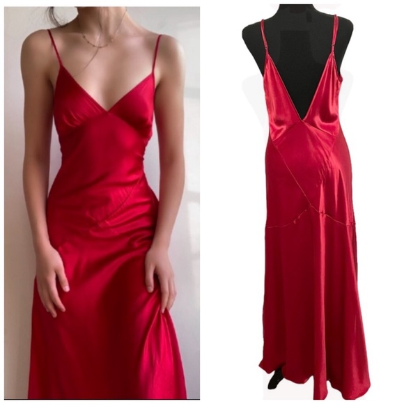 Vintage 90s 100% Silk Slip Dress Crimson Red High Slit Silk Dress Backless Bella - Picture 16 of 16